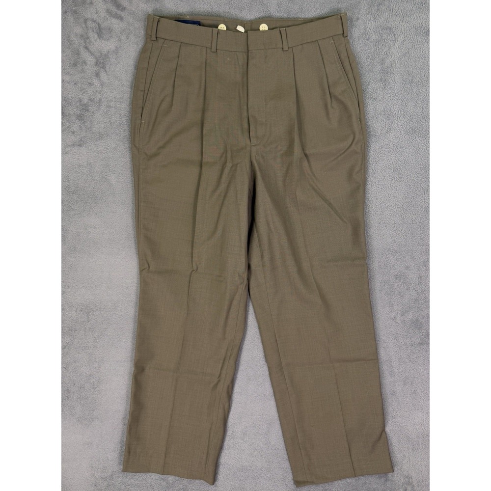 Vintage Lands End Dress Pants Mens 34x30 Brown Pleated Straight Worsted Wool USA